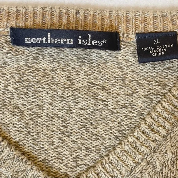 Men’s XL Textured Cotton Sweater Neutral Beige V-Neck Knit Pullover - Picture 5 of 9